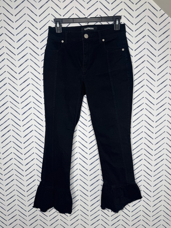 Express Denim - Express Black Kick Flare Jeans Cropped Raw Hem Ruffle Ankle Stretchy Size 2